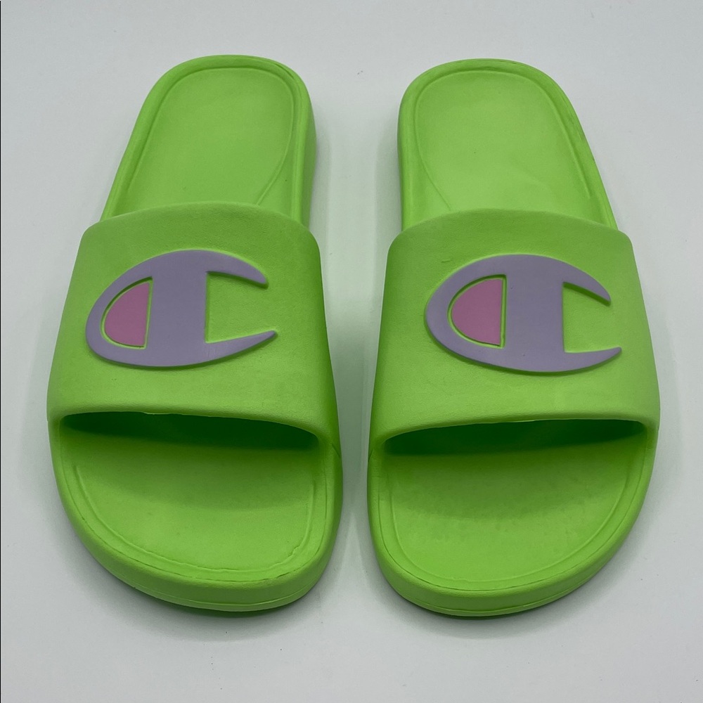 Champion Neon Green Slides Sandals Logo Mens 6 Women’s 8 Summer Pool Beach